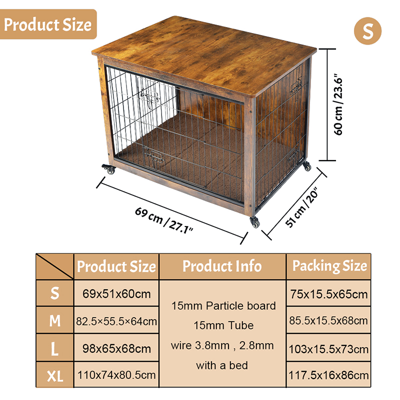 Klatka dla psa drewnianego w stylu drewnianych mebli z poduszką i kółkami Klatka dla psa drewnianego w stylu drewnianych mebli z poduszką i kółkami