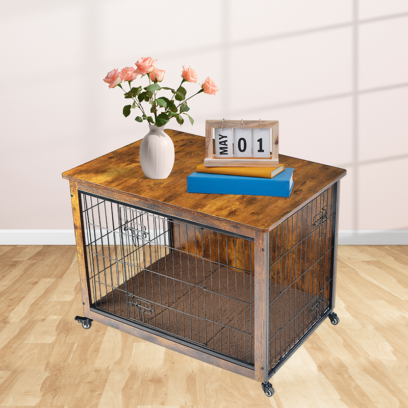 Klatka dla psa drewnianego w stylu drewnianych mebli z poduszką i kółkami Klatka dla psa drewnianego w stylu drewnianych mebli z poduszką i kółkami