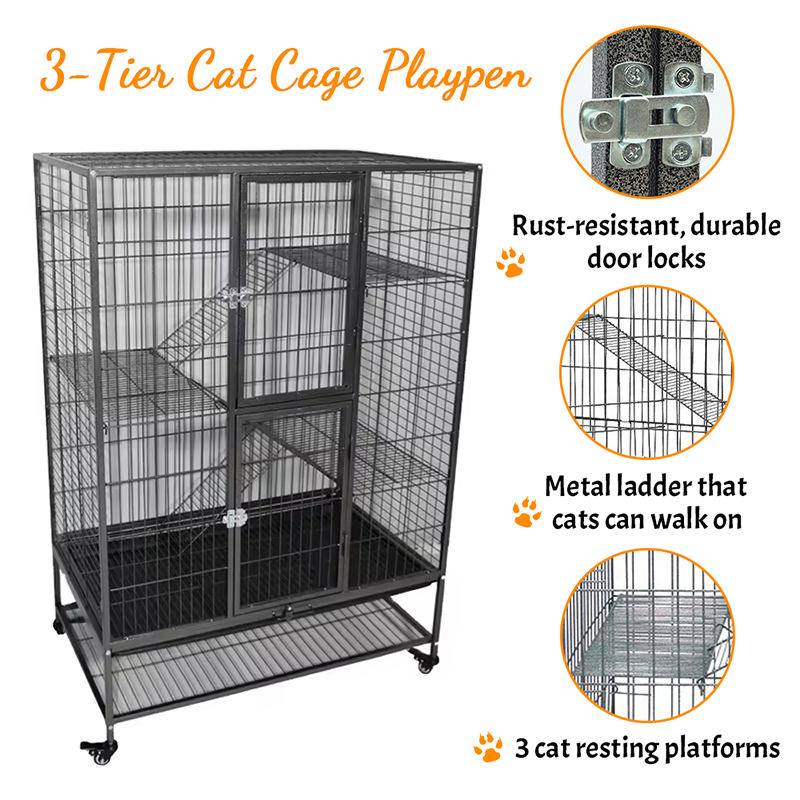 Duże wytrzymałe metalowe 2/3/4-poziomowe klatkę kota w kasie z kółkami Duże wytrzymałe metalowe 2/3/4-poziomowe klatkę kota w kasie z kółkami
